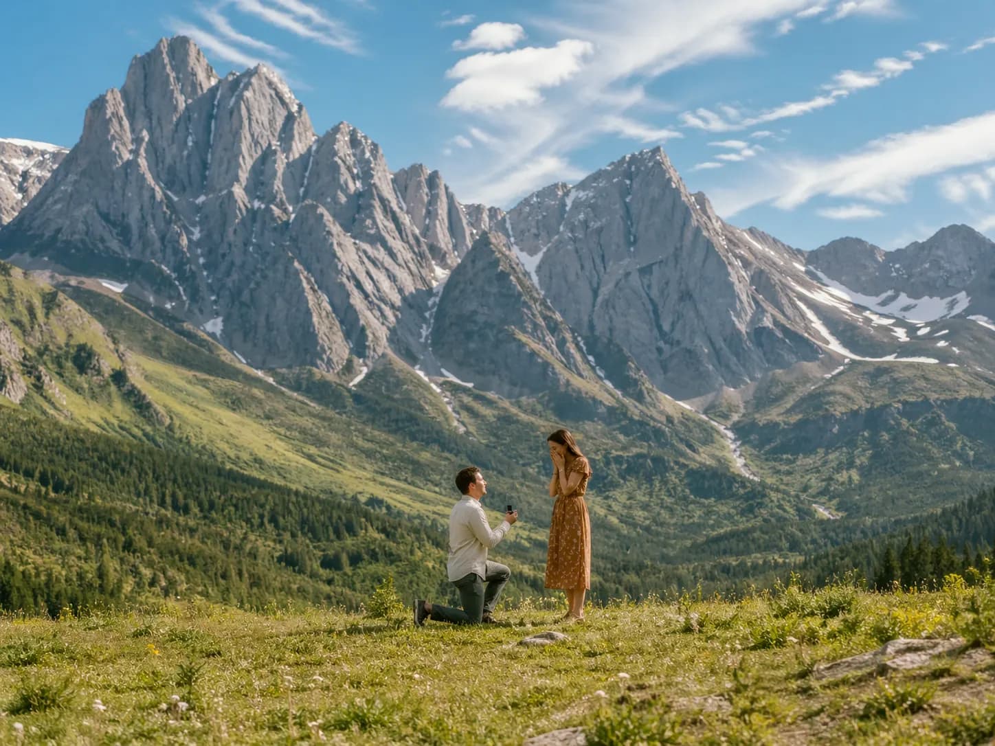 A proposal beneath dramatic mountain peaks for the Alpine Vow website concept.