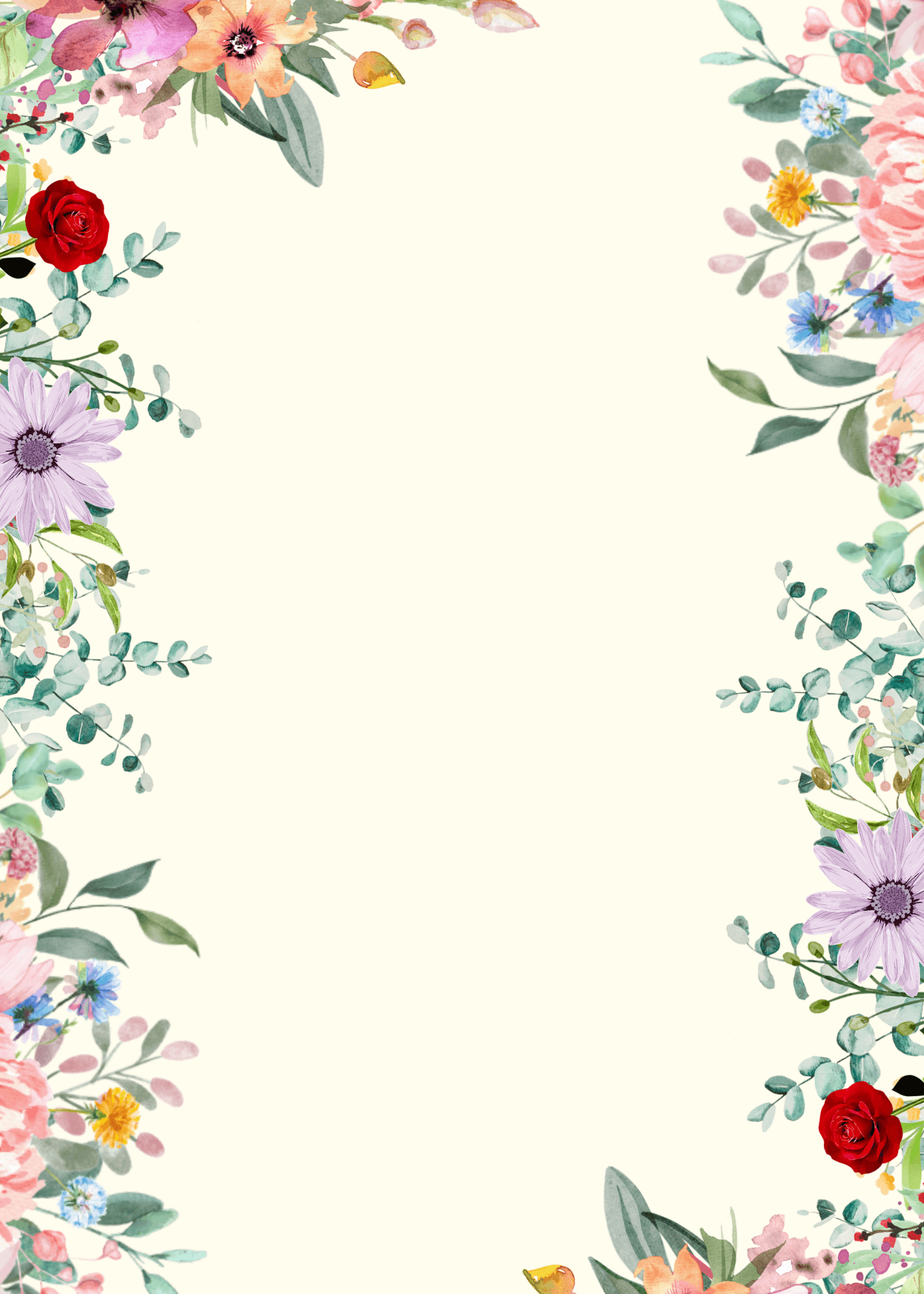 Blank 5 by 7 letter paper with a colorful garden border.