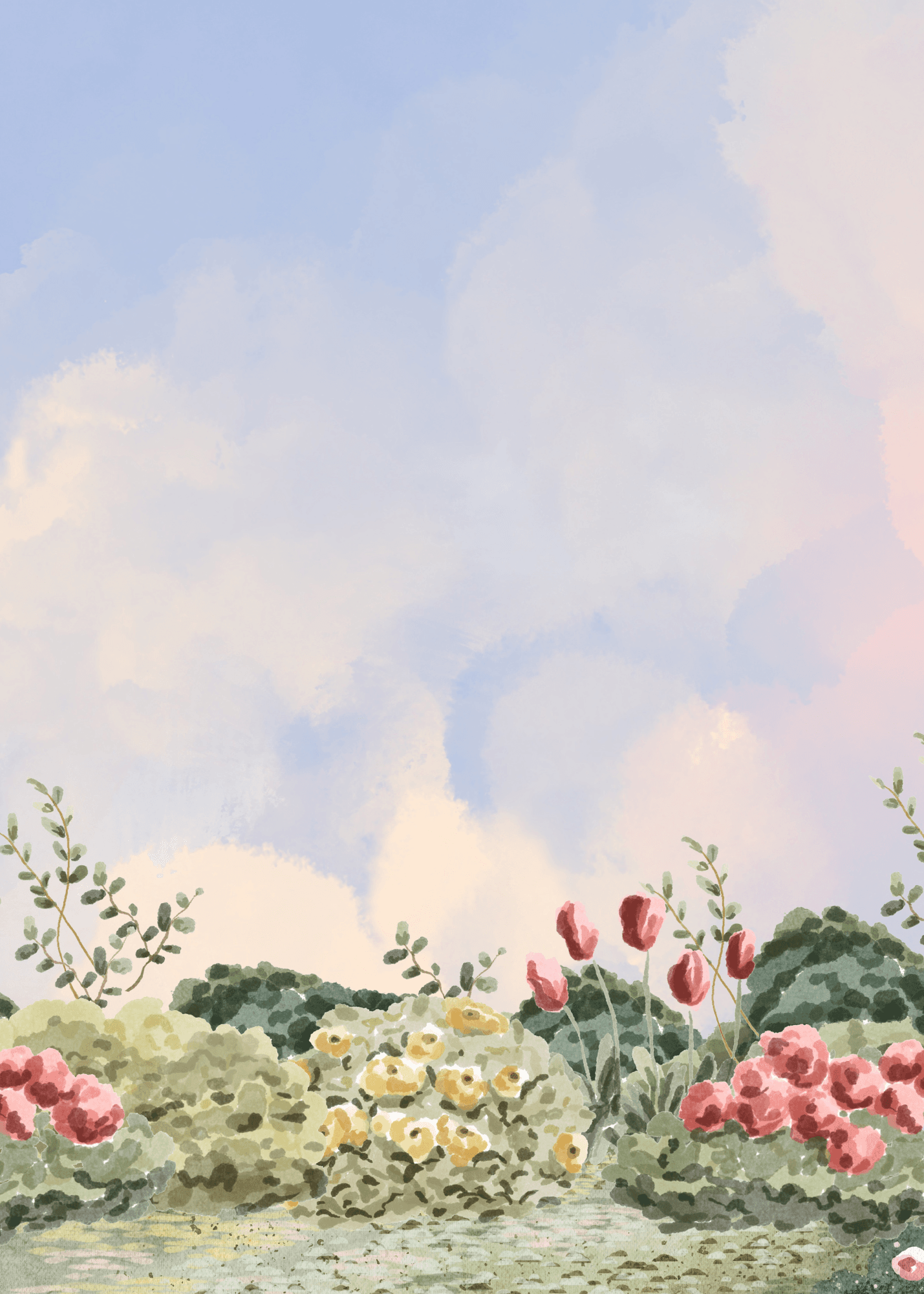 Blank 5 by 7 letter paper with a watercolor garden meadow scene.