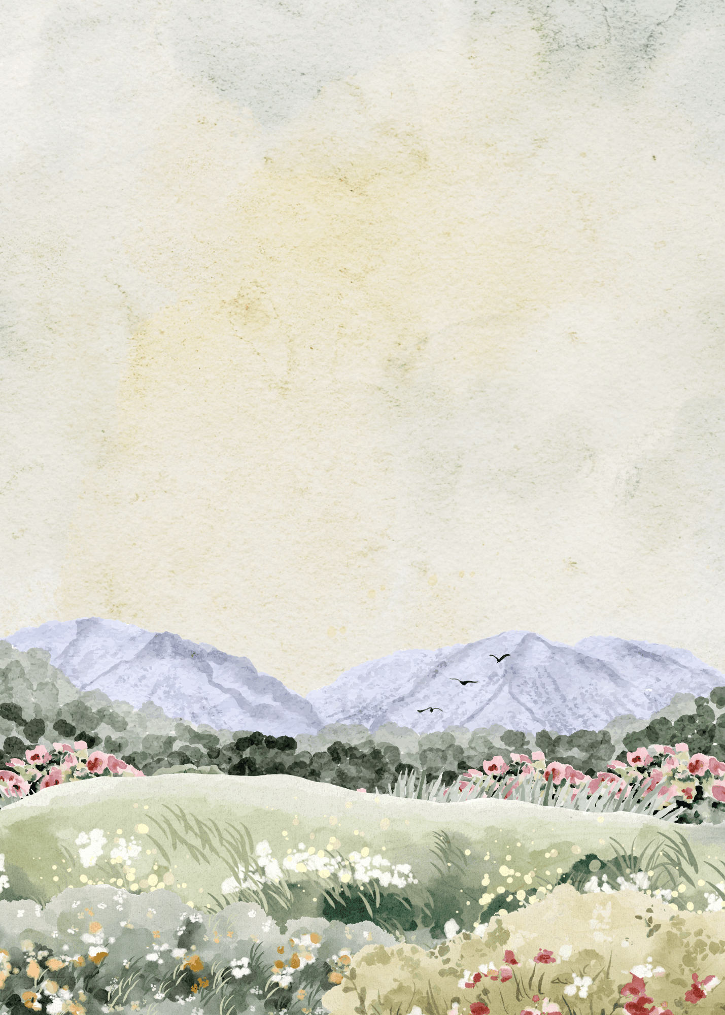 Blank 5 by 7 letter paper with a watercolor mountain meadow scene.